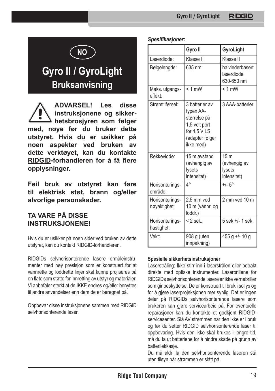 Gyro ii / gyrolight, Bruksanvisning | RIDGID Gyro II GyroLight User Manual | Page 20 / 42