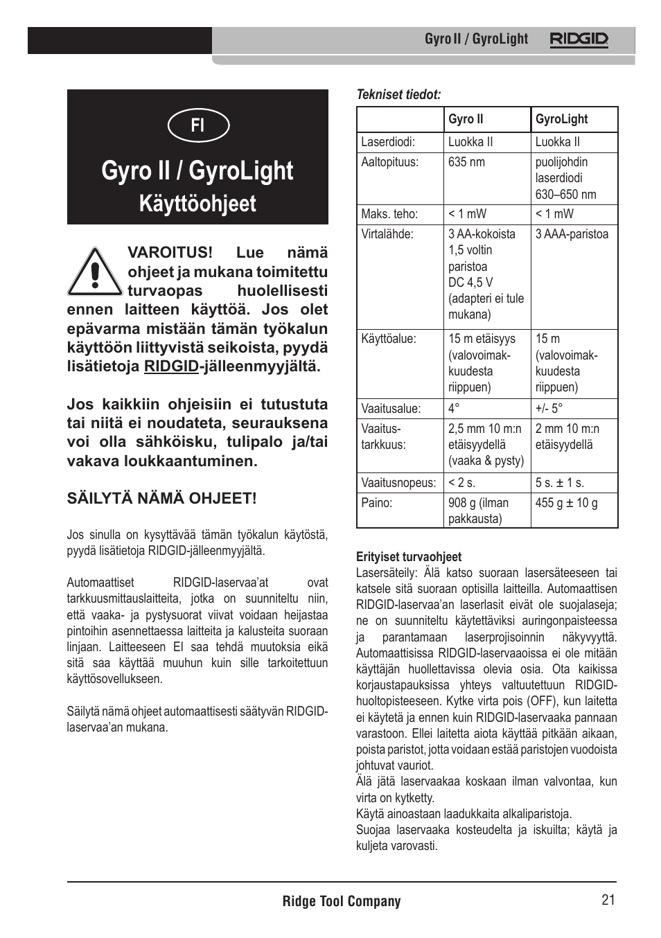 Gyro ii / gyrolight, Käyttöohjeet | RIDGID Gyro II GyroLight User Manual | Page 22 / 42