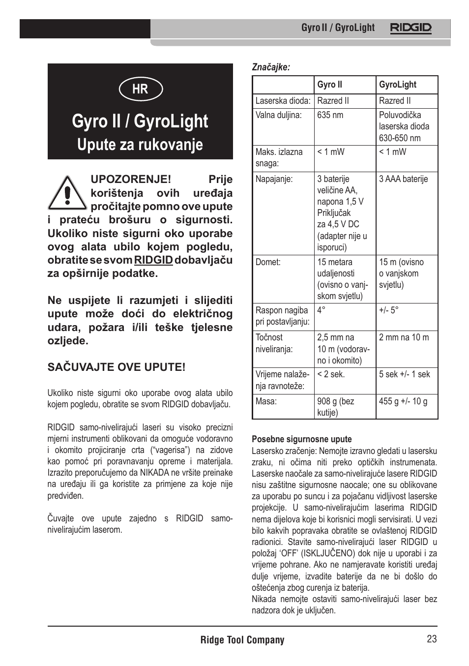 Gyro ii / gyrolight, Upute za rukovanje | RIDGID Gyro II GyroLight User Manual | Page 24 / 42