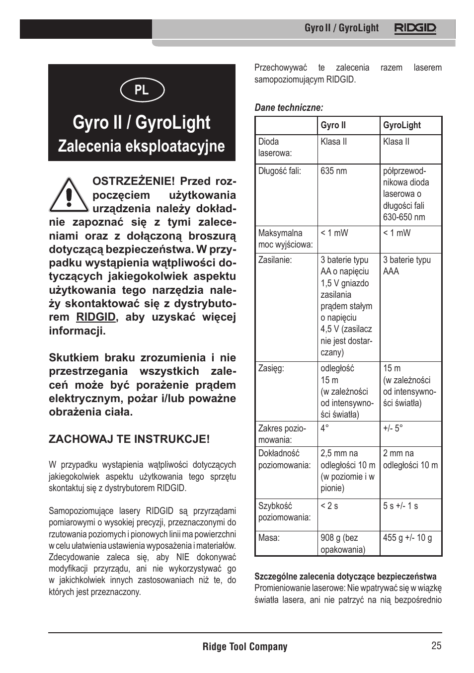 Gyro ii / gyrolight, Zalecenia eksploatacyjne | RIDGID Gyro II GyroLight User Manual | Page 26 / 42