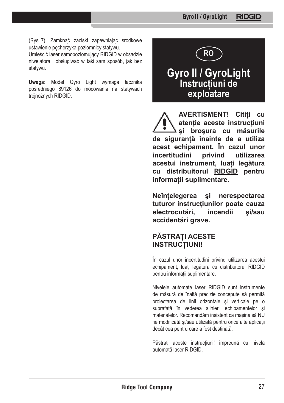 Gyro ii / gyrolight, Instrucţiuni de exploatare | RIDGID Gyro II GyroLight User Manual | Page 28 / 42
