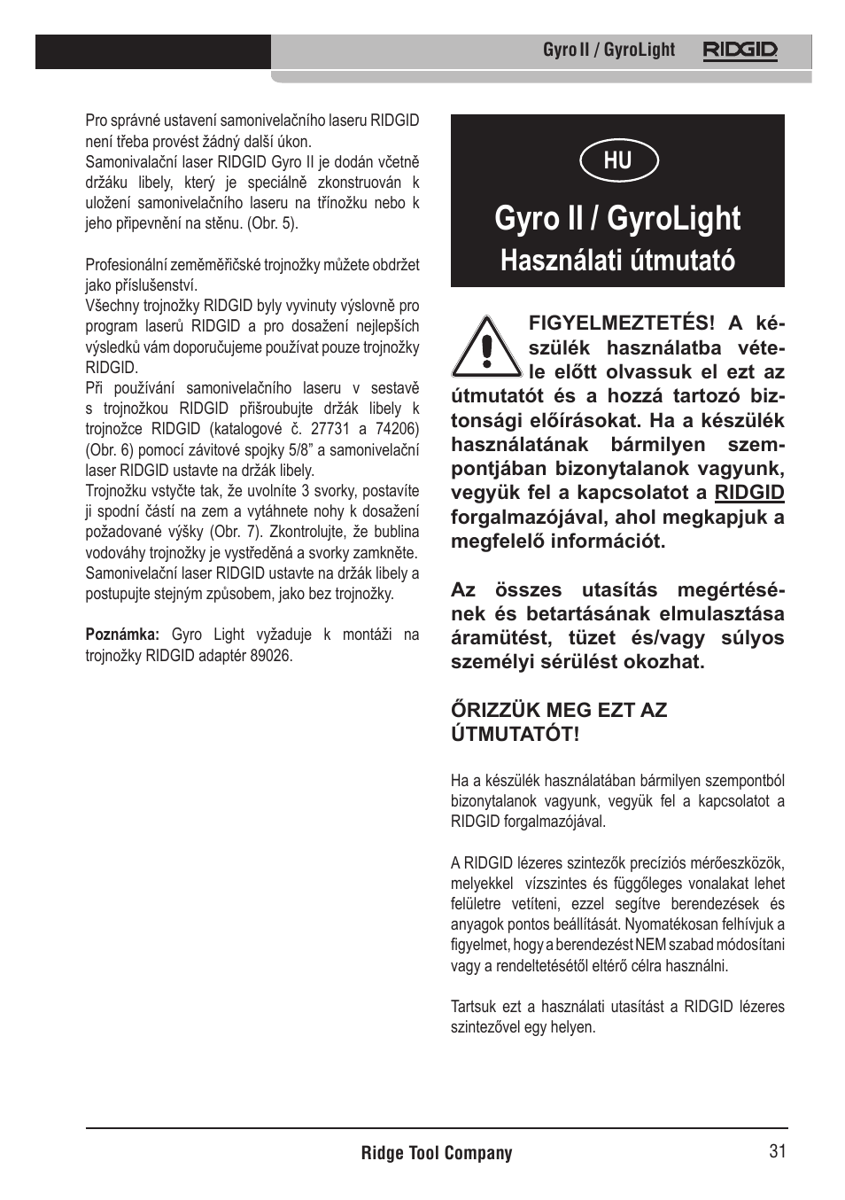 Gyro ii / gyrolight, Használati útmutató | RIDGID Gyro II GyroLight User Manual | Page 32 / 42