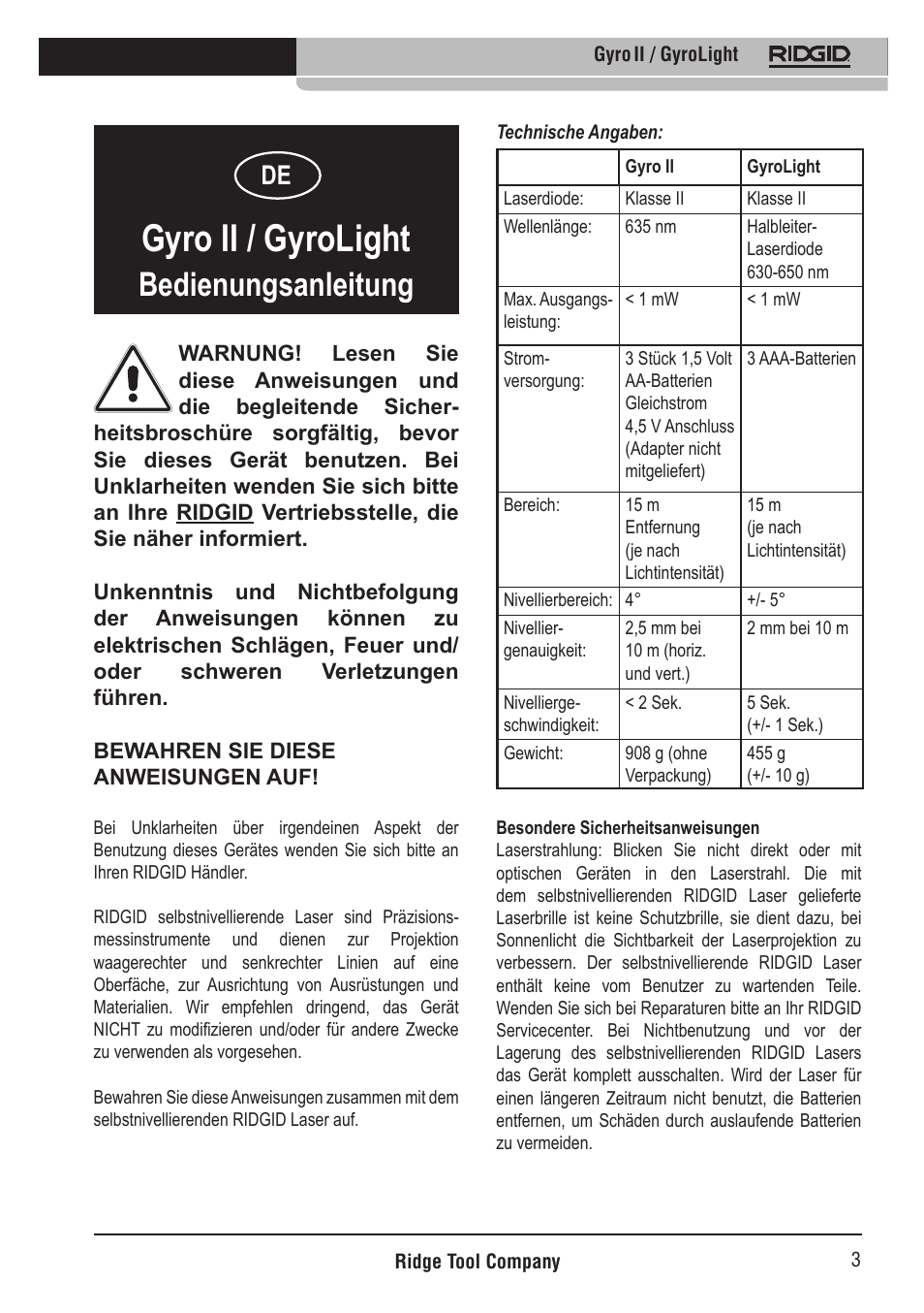 Gyro ii / gyrolight, Bedienungsanleitung | RIDGID Gyro II GyroLight User Manual | Page 4 / 42