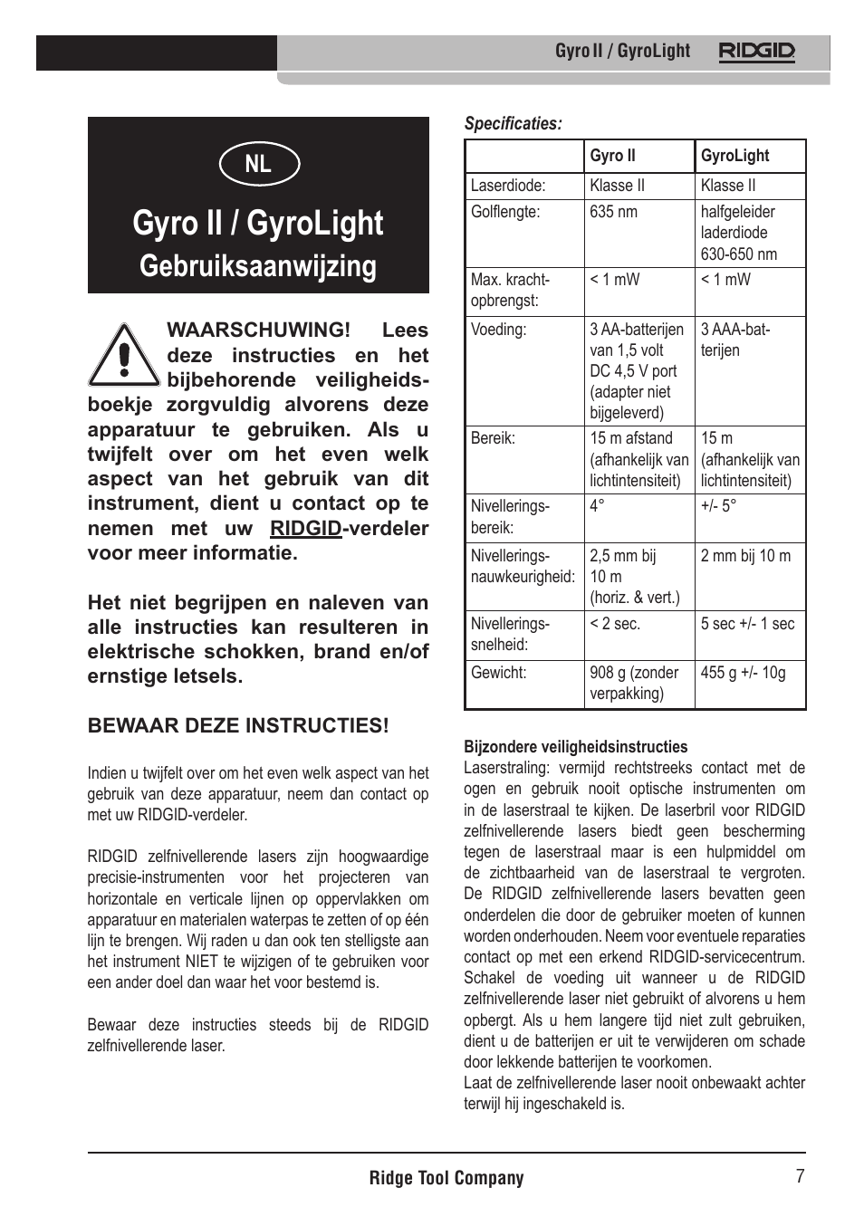 Gyro ii / gyrolight, Gebruiksaanwijzing | RIDGID Gyro II GyroLight User Manual | Page 8 / 42