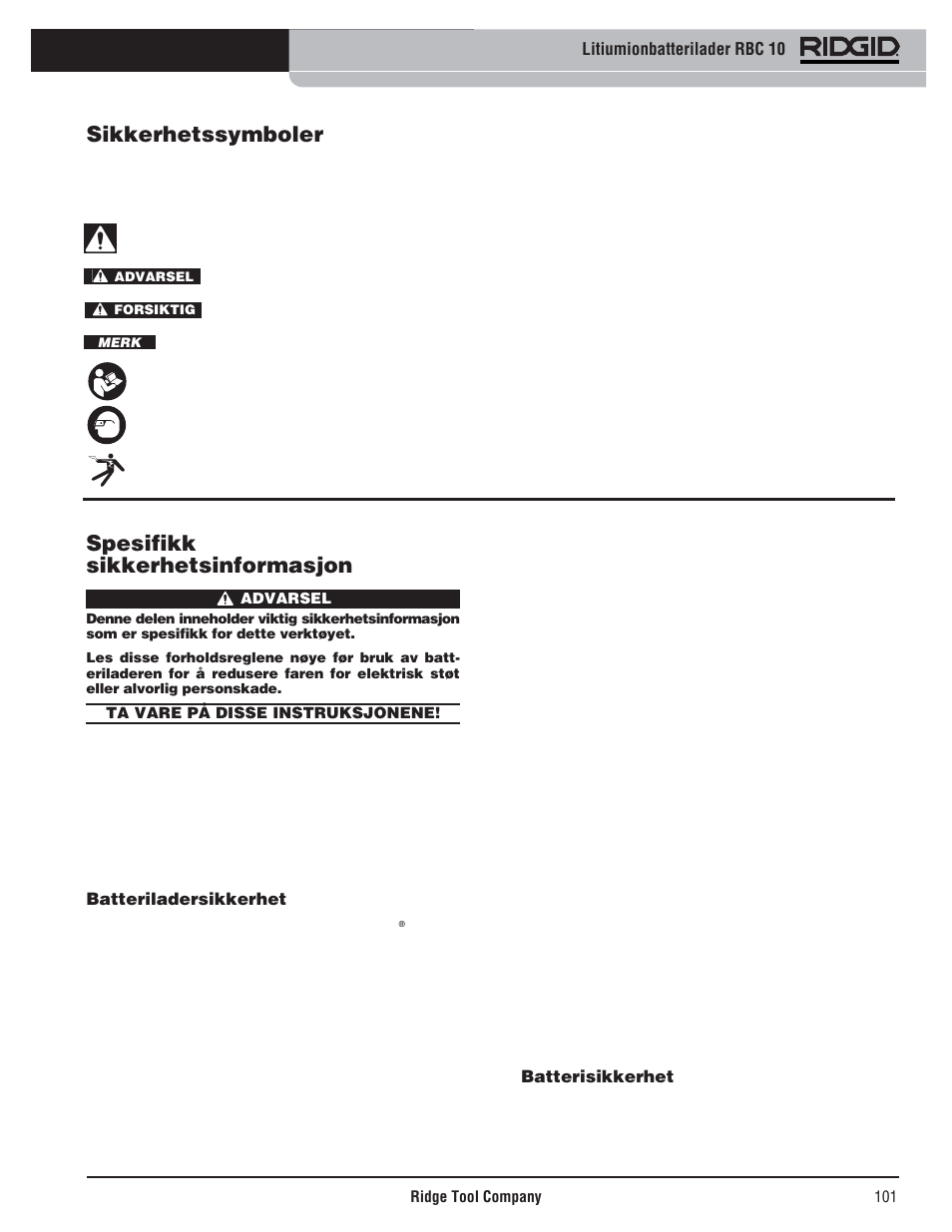 Spesifikk sikkerhetsinformasjon, Sikkerhetssymboler | RIDGID RBC 10 Li-Ion Charger User Manual | Page 103 / 221