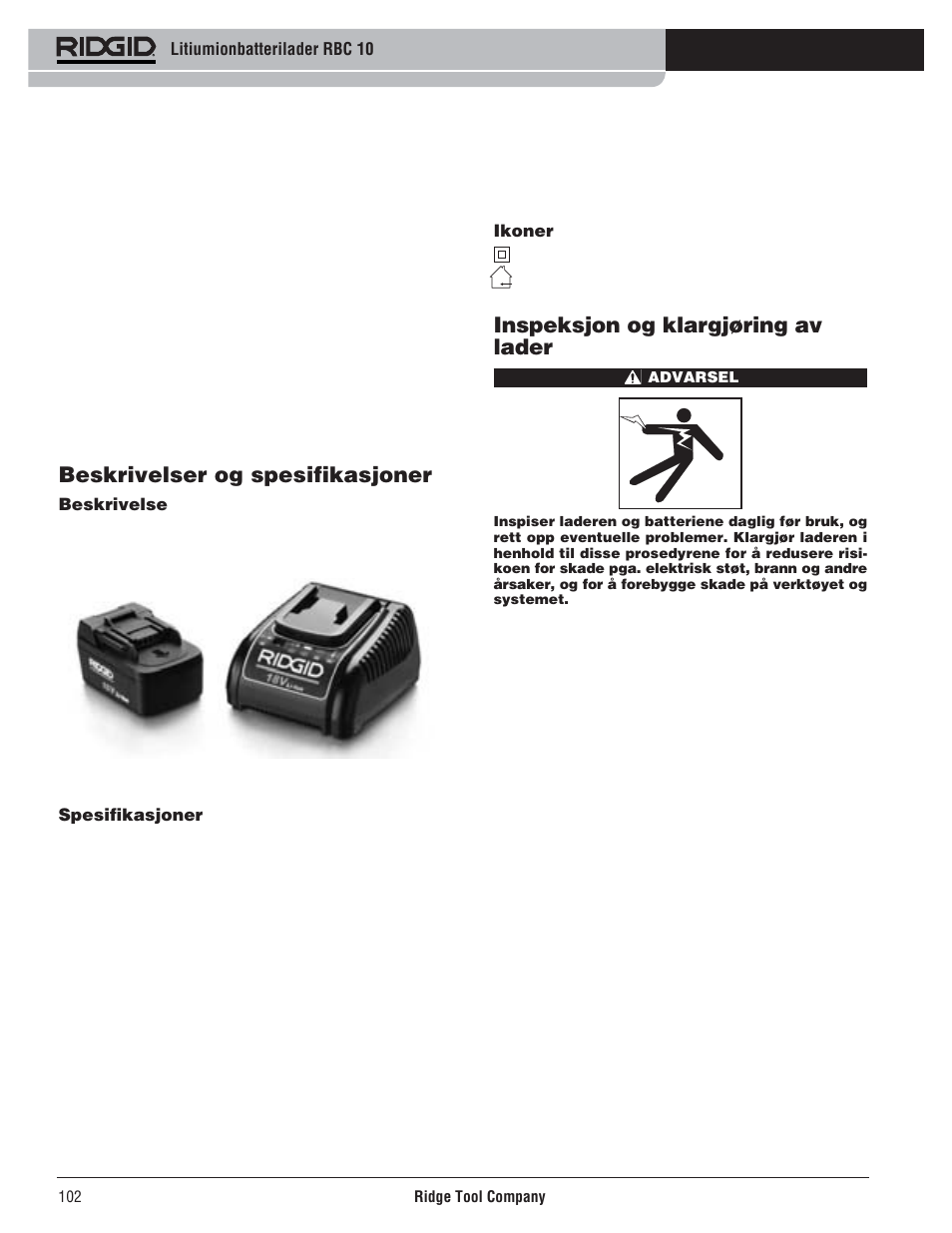 Beskrivelser og spesifikasjoner, Inspeksjon og klargjøring av lader | RIDGID RBC 10 Li-Ion Charger User Manual | Page 104 / 221