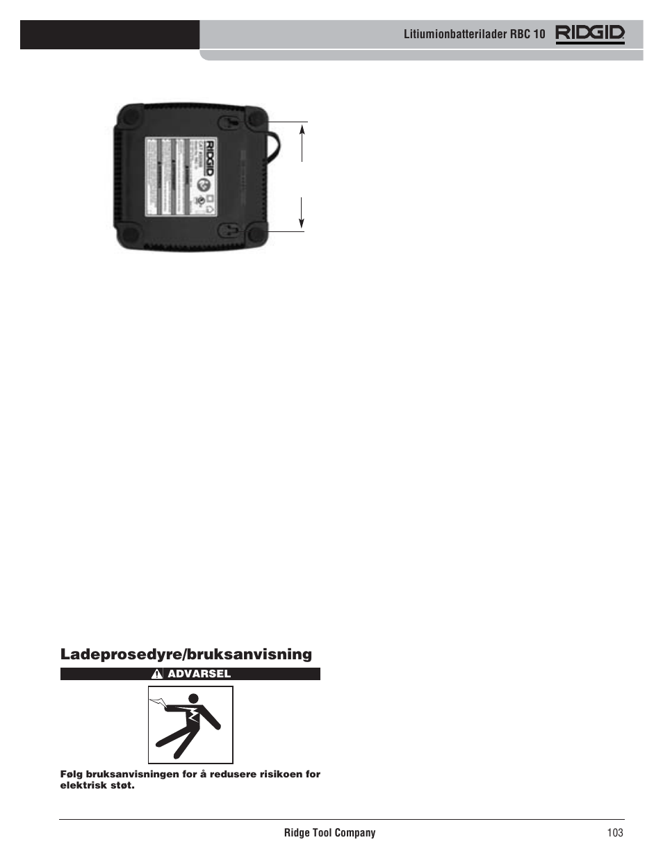 Ladeprosedyre/bruksanvisning | RIDGID RBC 10 Li-Ion Charger User Manual | Page 105 / 221