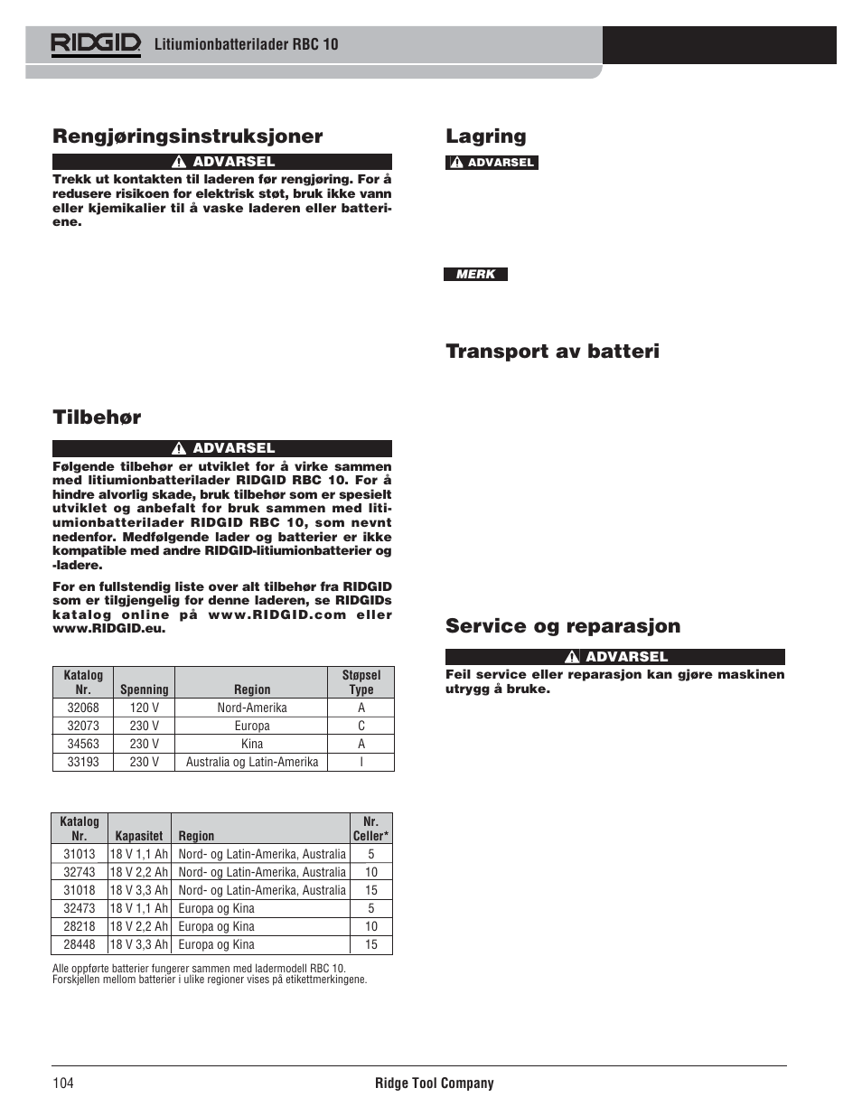 Lagring, Transport av batteri, Service og reparasjon | Rengjøringsinstruksjoner, Tilbehør | RIDGID RBC 10 Li-Ion Charger User Manual | Page 106 / 221