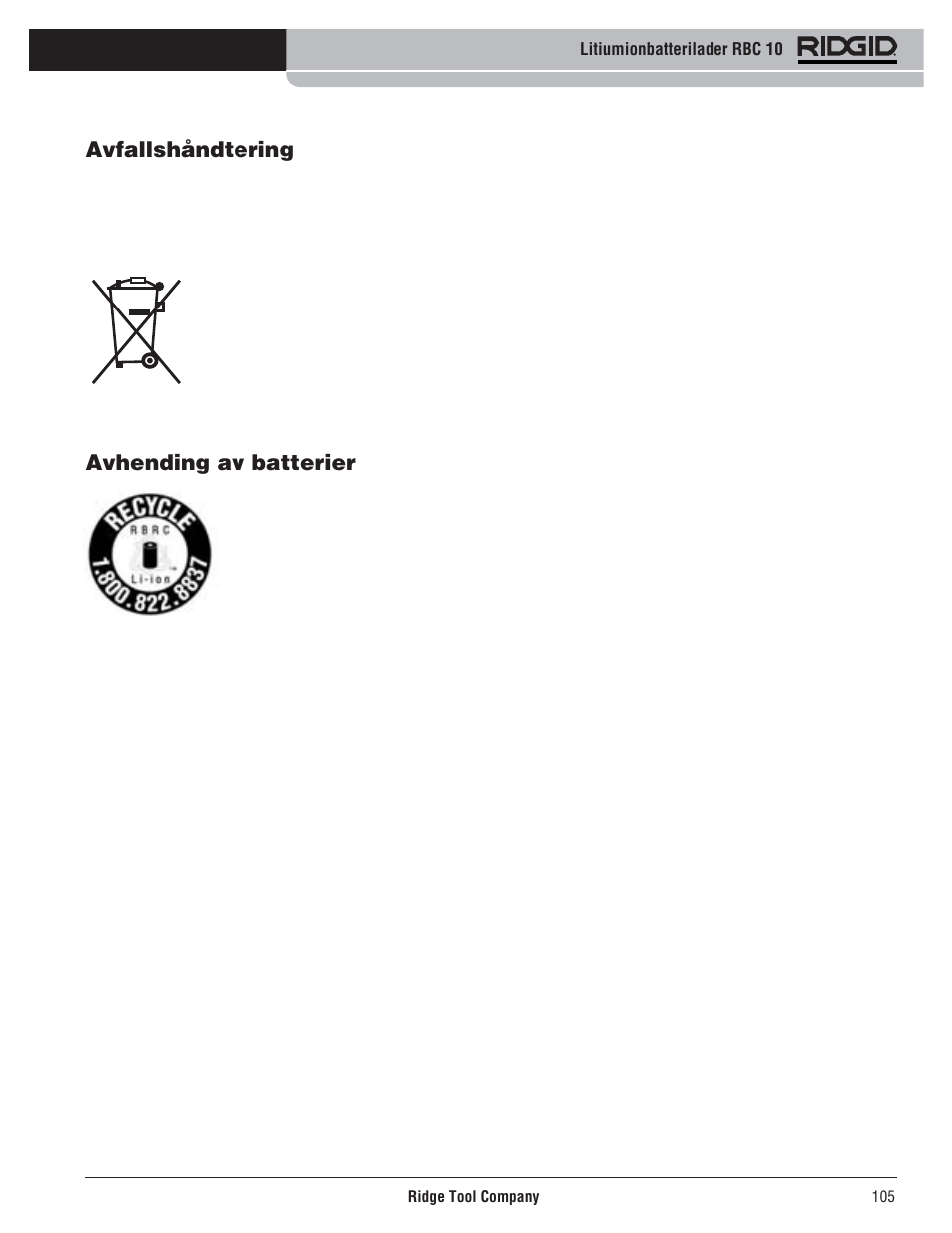 Avfallshåndtering, Avhending av batterier | RIDGID RBC 10 Li-Ion Charger User Manual | Page 107 / 221