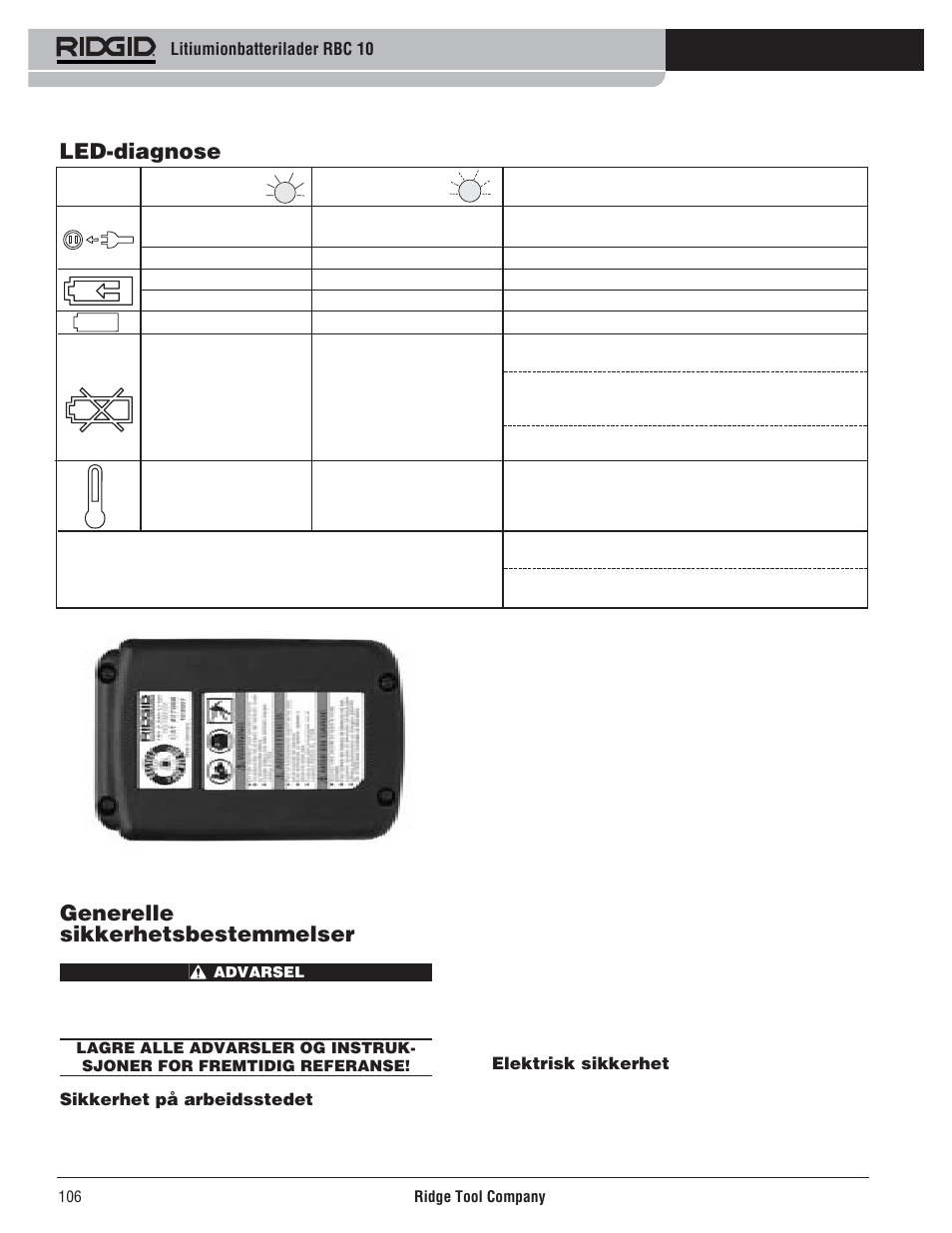 Led-diagnose, Generelle sikkerhetsbestemmelser | RIDGID RBC 10 Li-Ion Charger User Manual | Page 108 / 221