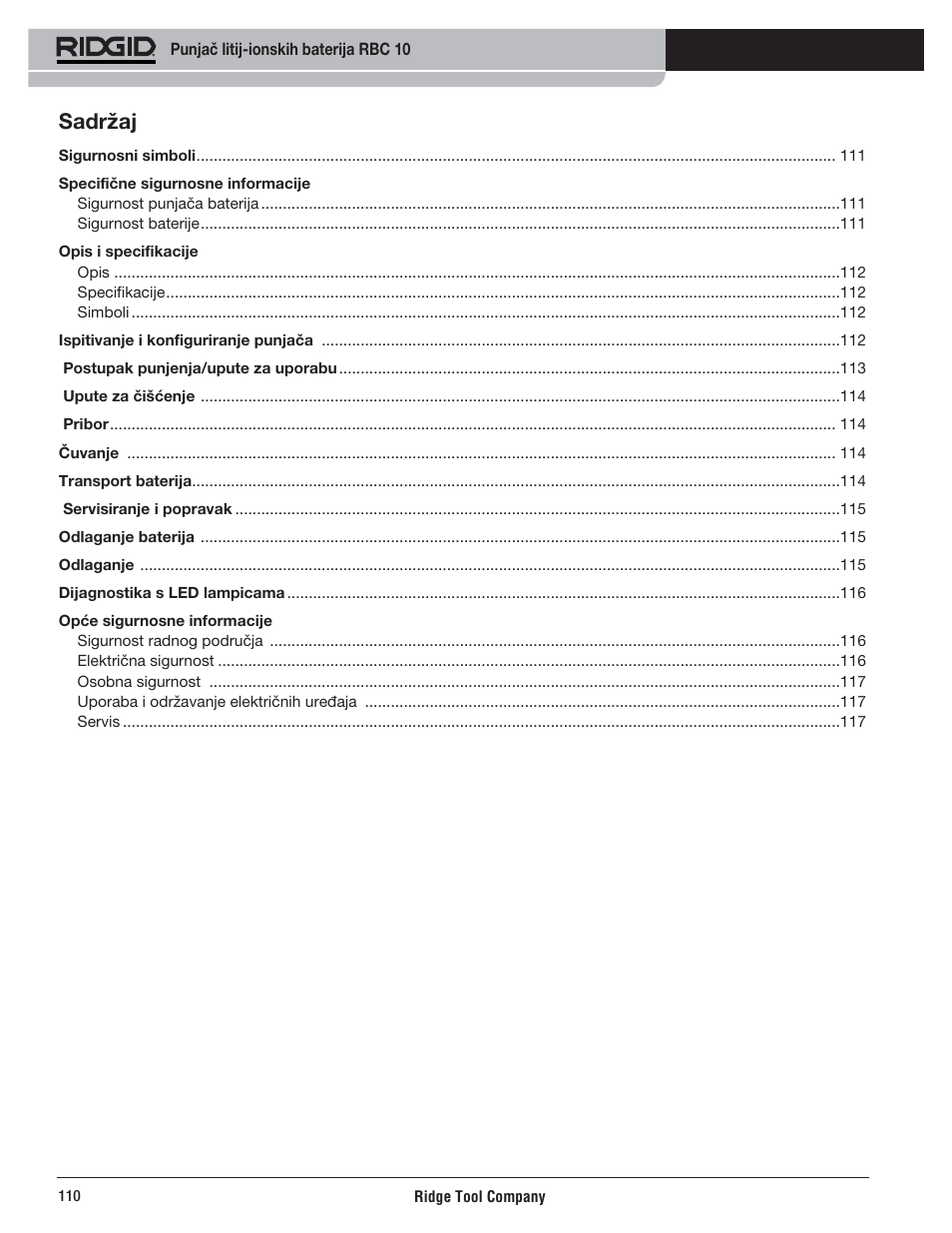 Sadržaj | RIDGID RBC 10 Li-Ion Charger User Manual | Page 112 / 221