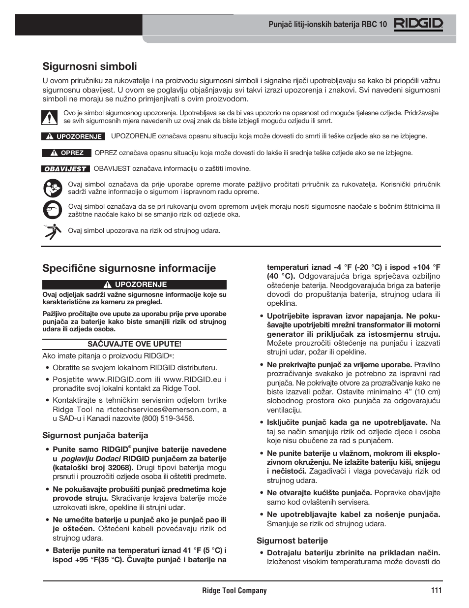 Specifične sigurnosne informacije, Sigurnosni simboli | RIDGID RBC 10 Li-Ion Charger User Manual | Page 113 / 221