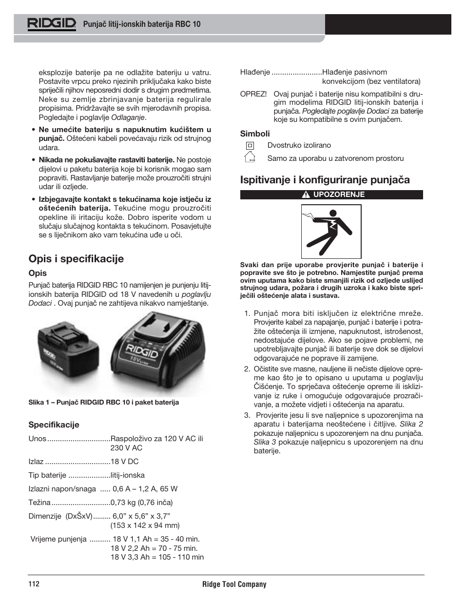 Opis i specifikacije, Ispitivanje i konfiguriranje punjača | RIDGID RBC 10 Li-Ion Charger User Manual | Page 114 / 221