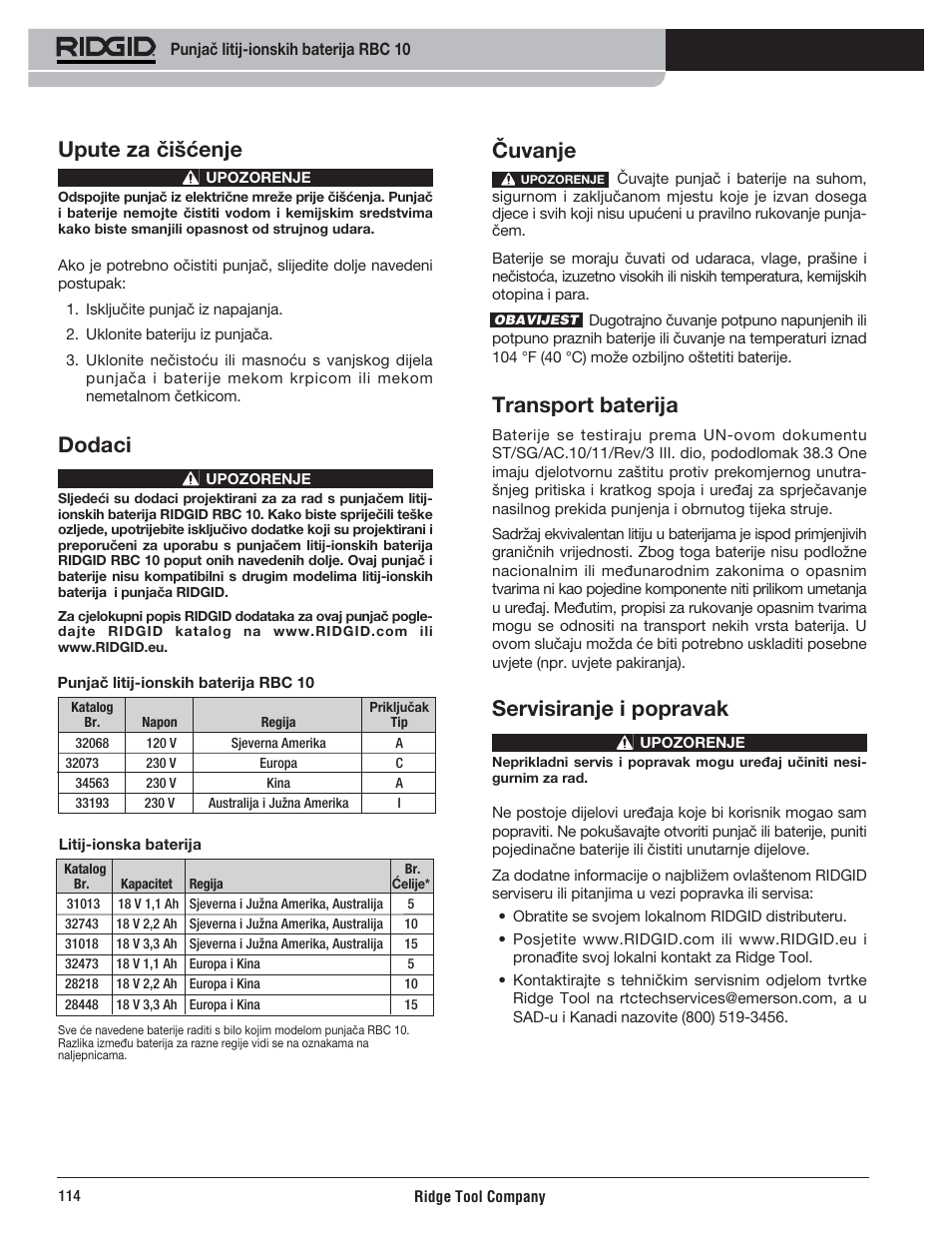 Čuvanje, Transport baterija, Servisiranje i popravak | Upute za čišćenje, Dodaci | RIDGID RBC 10 Li-Ion Charger User Manual | Page 116 / 221