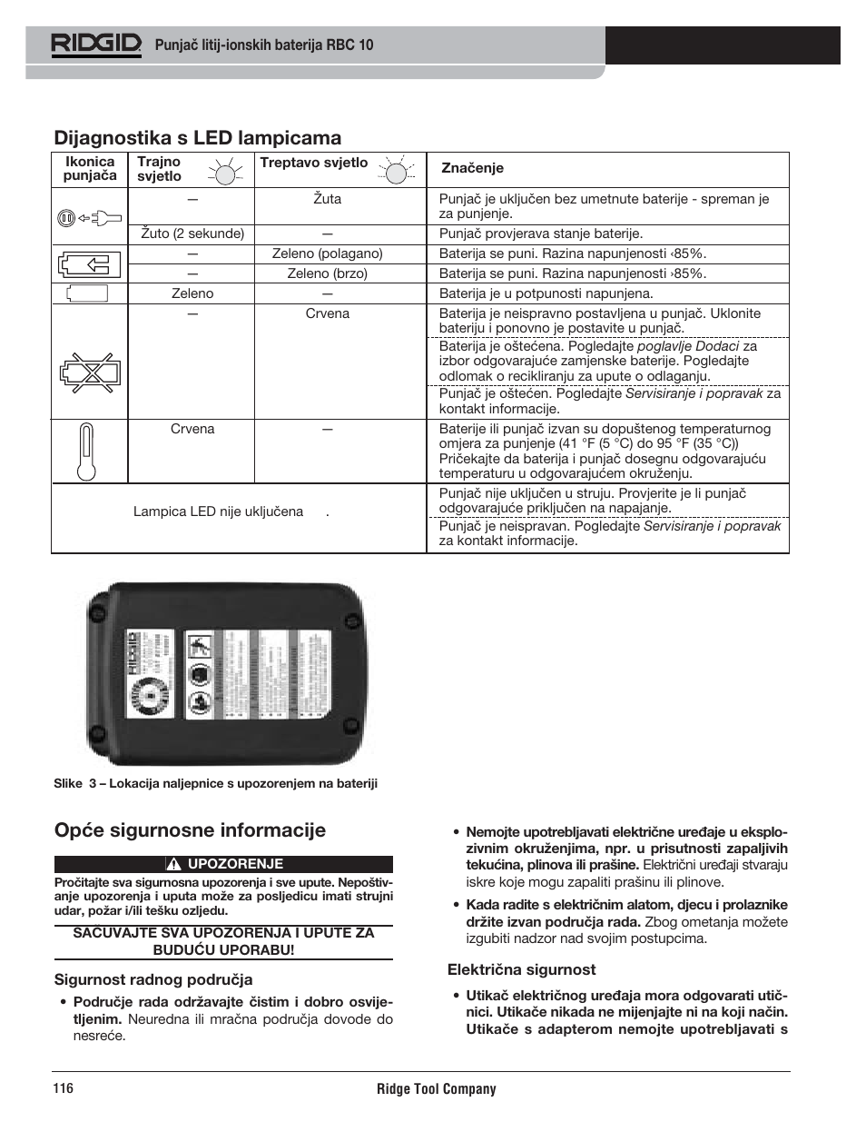 Dijagnostika s led lampicama, Opće sigurnosne informacije | RIDGID RBC 10 Li-Ion Charger User Manual | Page 118 / 221