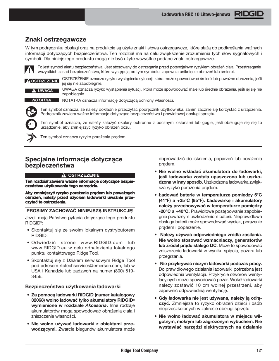 Specjalne informacje dotyczące bezpieczeństwa, Znaki ostrzegawcze | RIDGID RBC 10 Li-Ion Charger User Manual | Page 123 / 221