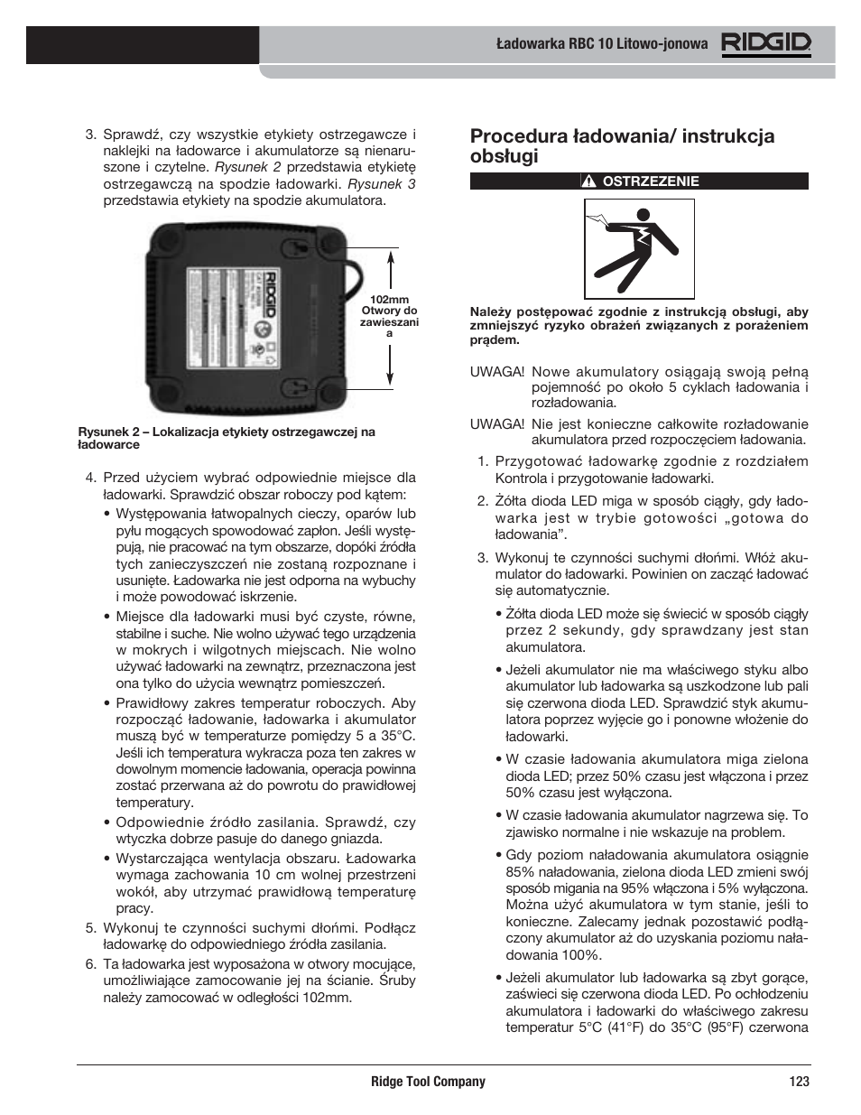 Procedura ładowania/ instrukcja obsługi | RIDGID RBC 10 Li-Ion Charger User Manual | Page 125 / 221