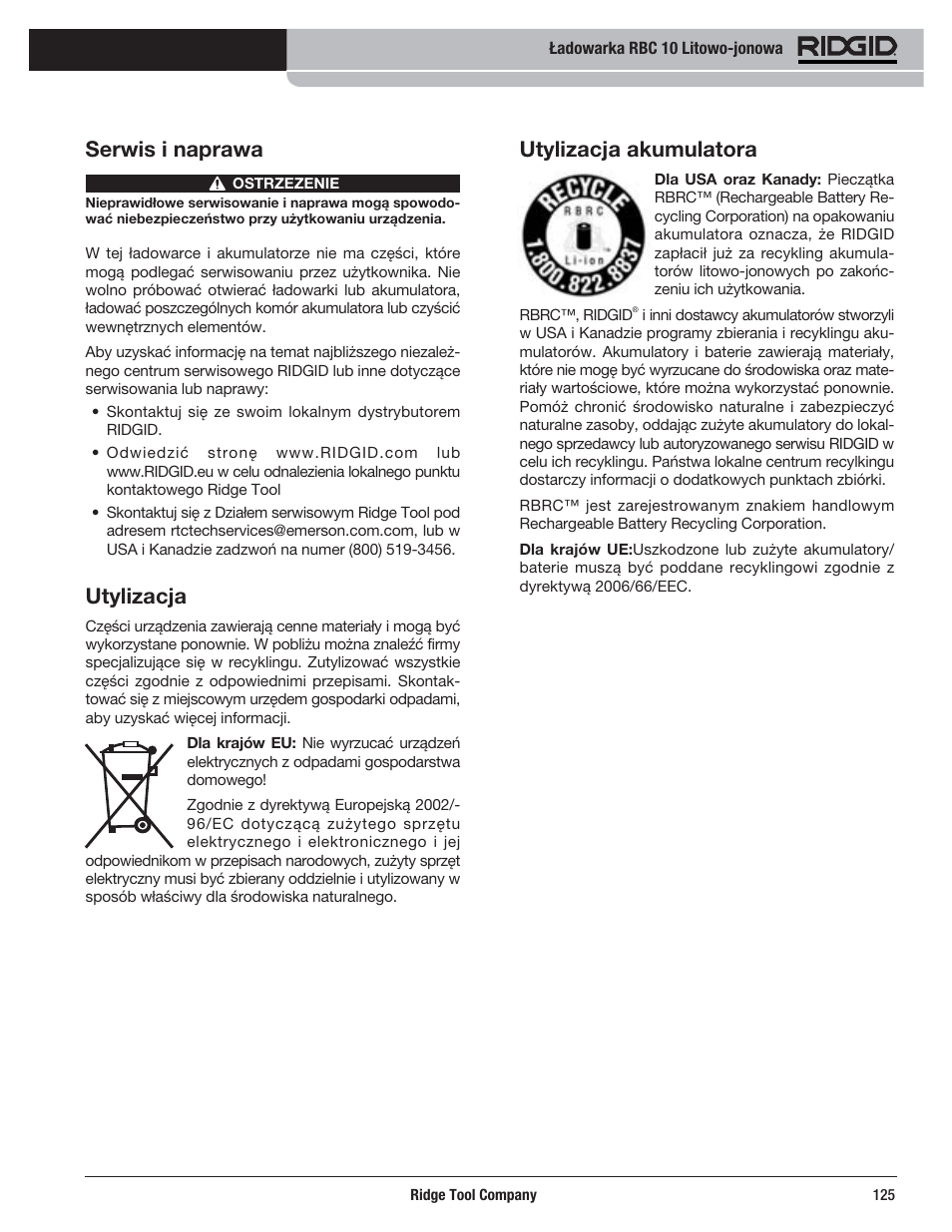 Utylizacja akumulatora, Serwis i naprawa, Utylizacja | RIDGID RBC 10 Li-Ion Charger User Manual | Page 127 / 221