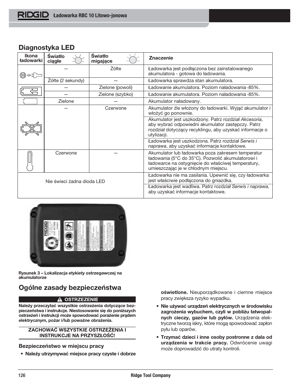 Diagnostyka led, Ogólne zasady bezpieczeństwa | RIDGID RBC 10 Li-Ion Charger User Manual | Page 128 / 221