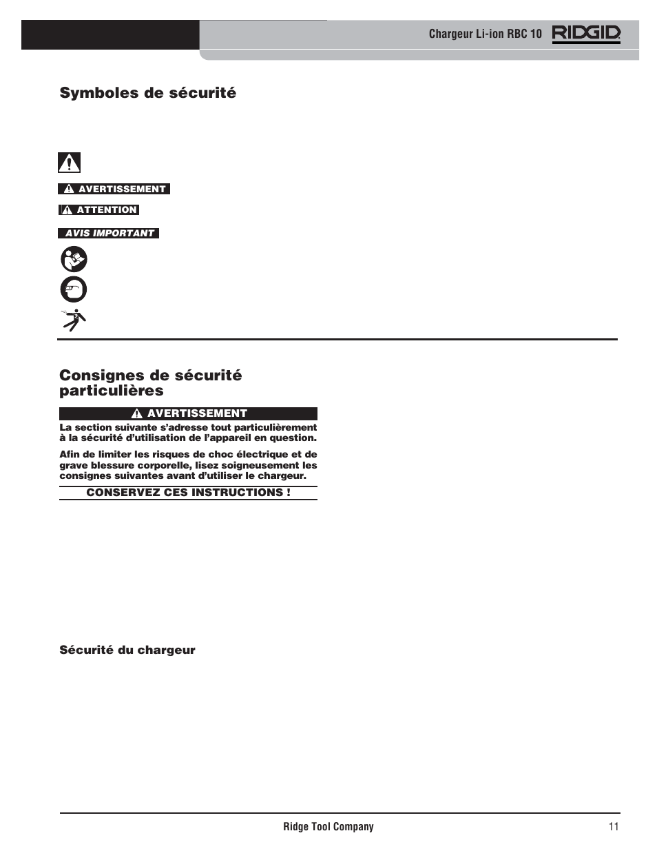 Consignes de sécurité particulières, Symboles de sécurité | RIDGID RBC 10 Li-Ion Charger User Manual | Page 13 / 221