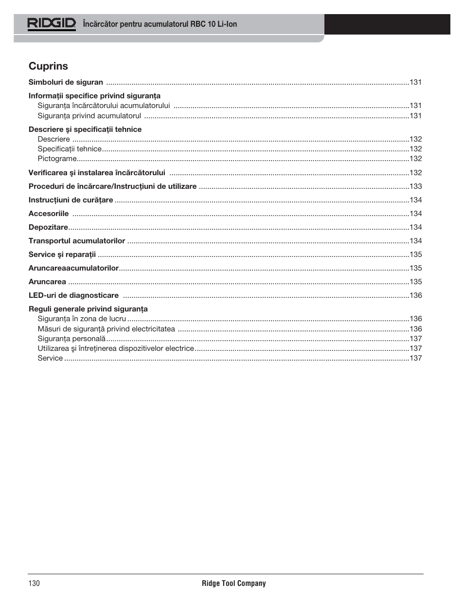 Cuprins | RIDGID RBC 10 Li-Ion Charger User Manual | Page 132 / 221