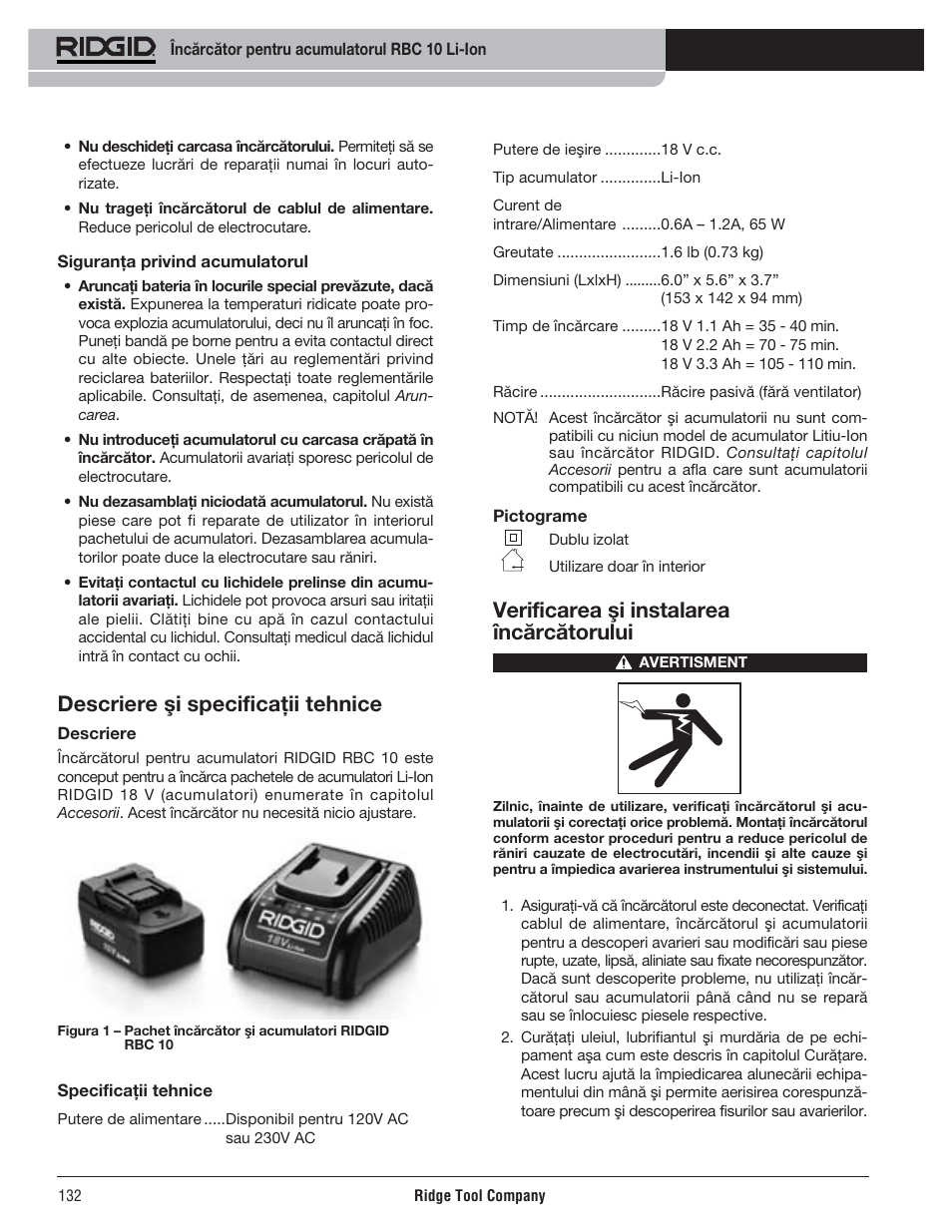 Descriere şi specificaţii tehnice, Verificarea şi instalarea încărcătorului | RIDGID RBC 10 Li-Ion Charger User Manual | Page 134 / 221