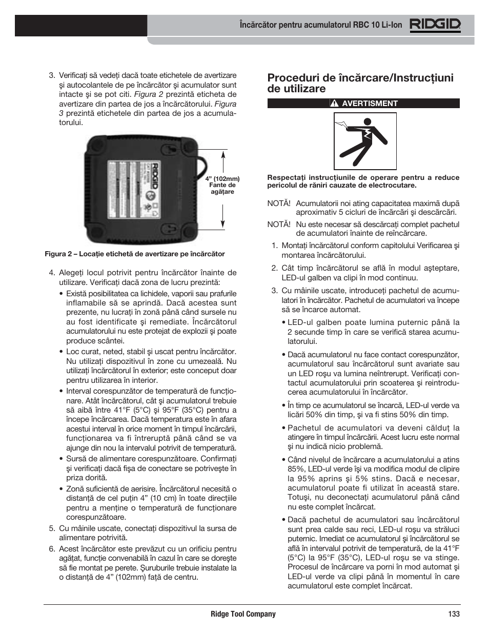 Proceduri de încărcare/instrucţiuni de utilizare | RIDGID RBC 10 Li-Ion Charger User Manual | Page 135 / 221