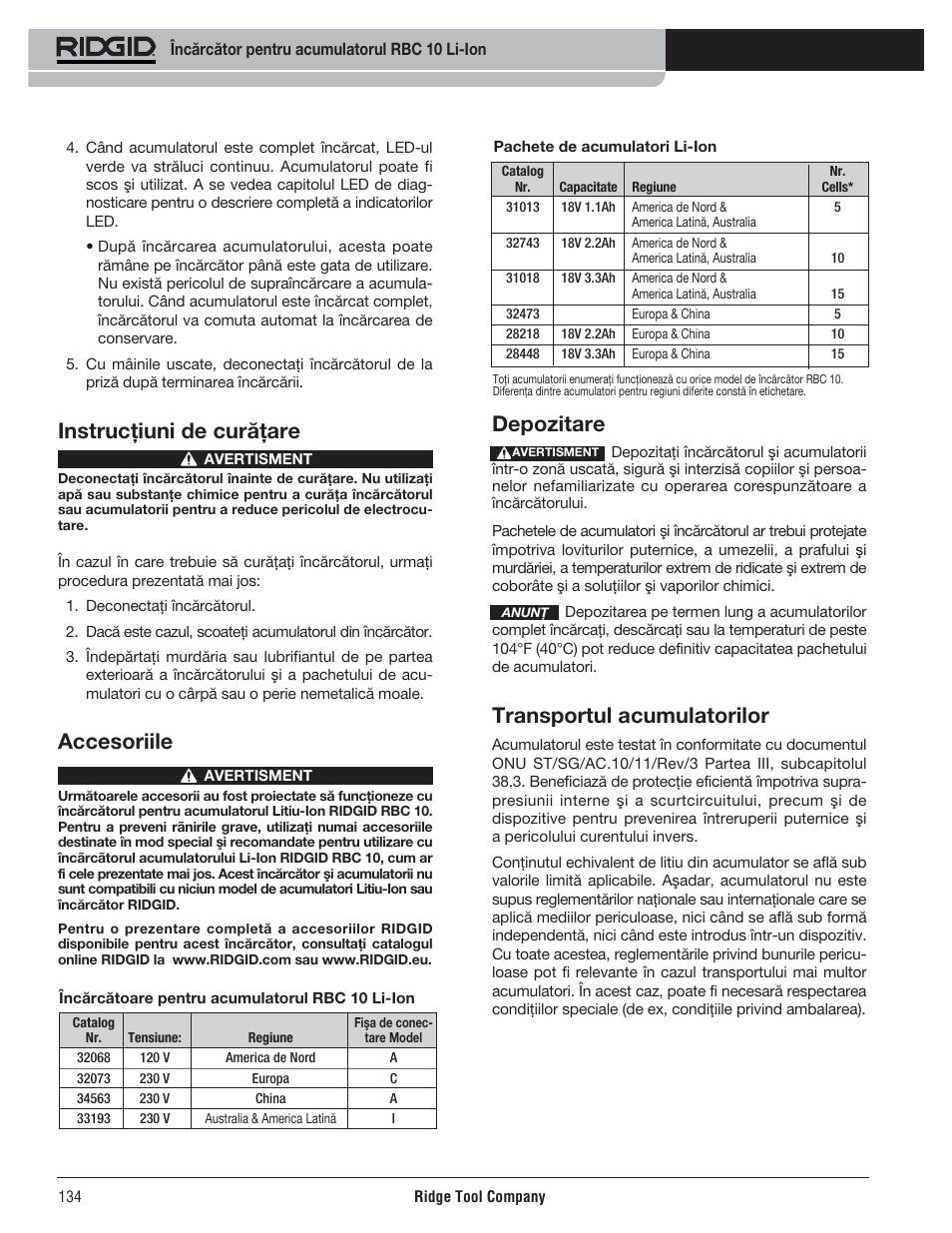 Depozitare, Transportul acumulatorilor, Instrucţiuni de curăţare | Accesoriile | RIDGID RBC 10 Li-Ion Charger User Manual | Page 136 / 221