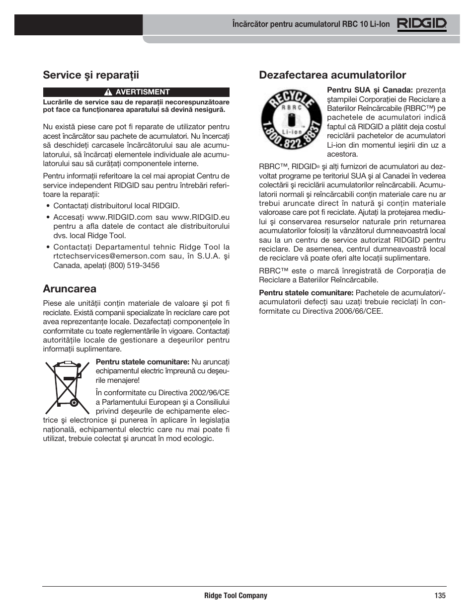 Dezafectarea acumulatorilor, Service şi reparaţii, Aruncarea | RIDGID RBC 10 Li-Ion Charger User Manual | Page 137 / 221