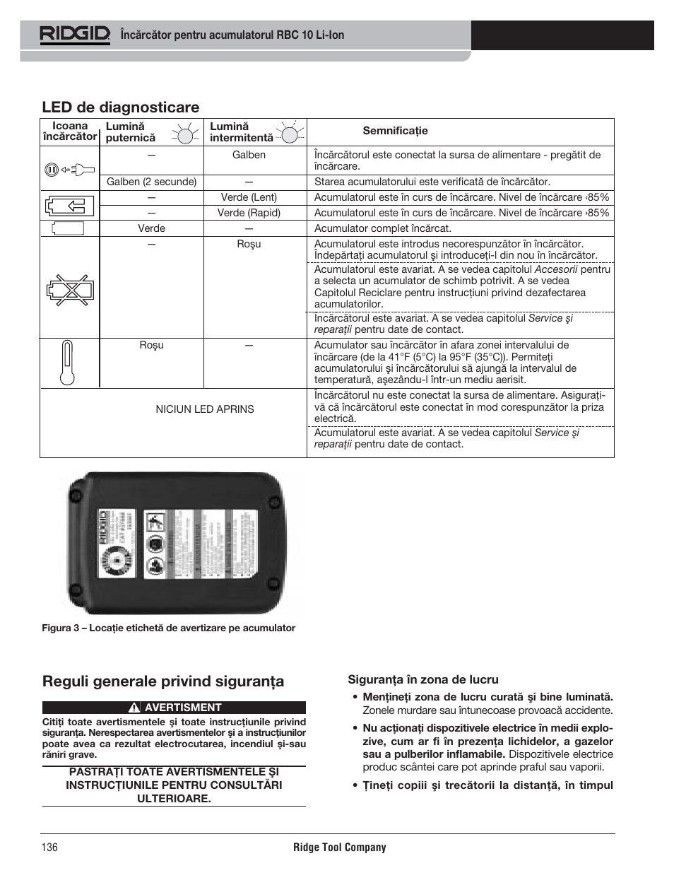 Led de diagnosticare, Reguli generale privind siguranţa | RIDGID RBC 10 Li-Ion Charger User Manual | Page 138 / 221