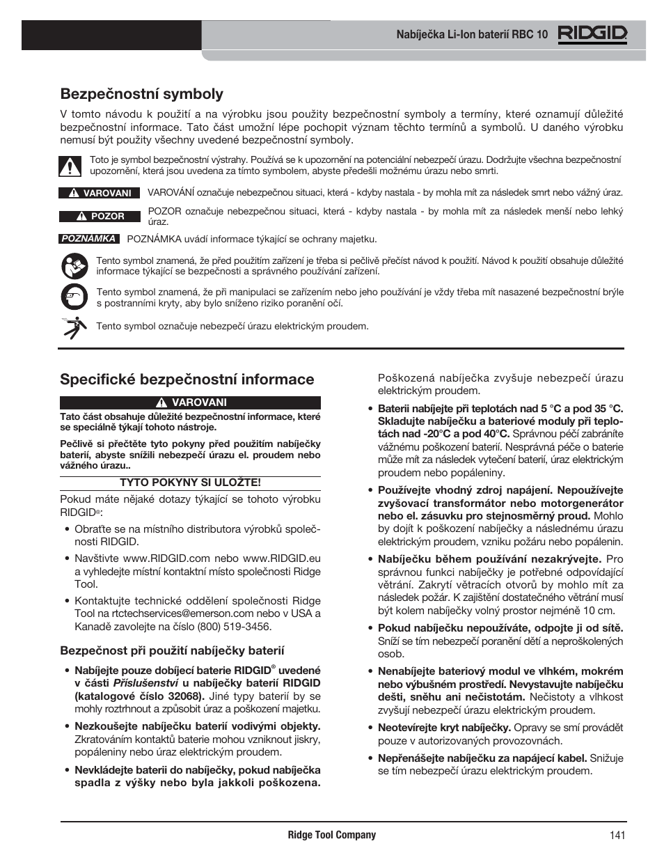 Specifické bezpečnostní informace, Bezpečnostní symboly | RIDGID RBC 10 Li-Ion Charger User Manual | Page 143 / 221