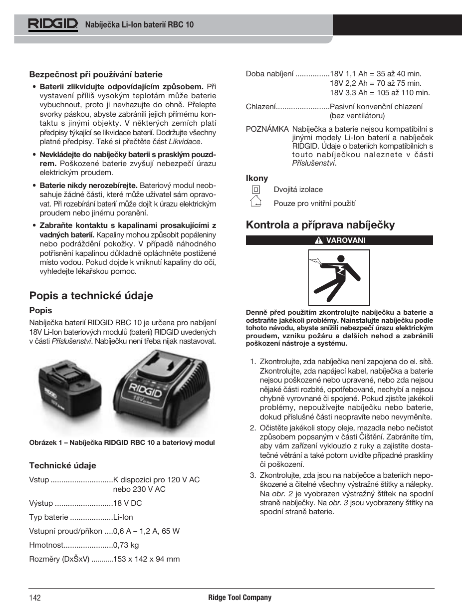 Popis a technické údaje, Kontrola a příprava nabíječky | RIDGID RBC 10 Li-Ion Charger User Manual | Page 144 / 221