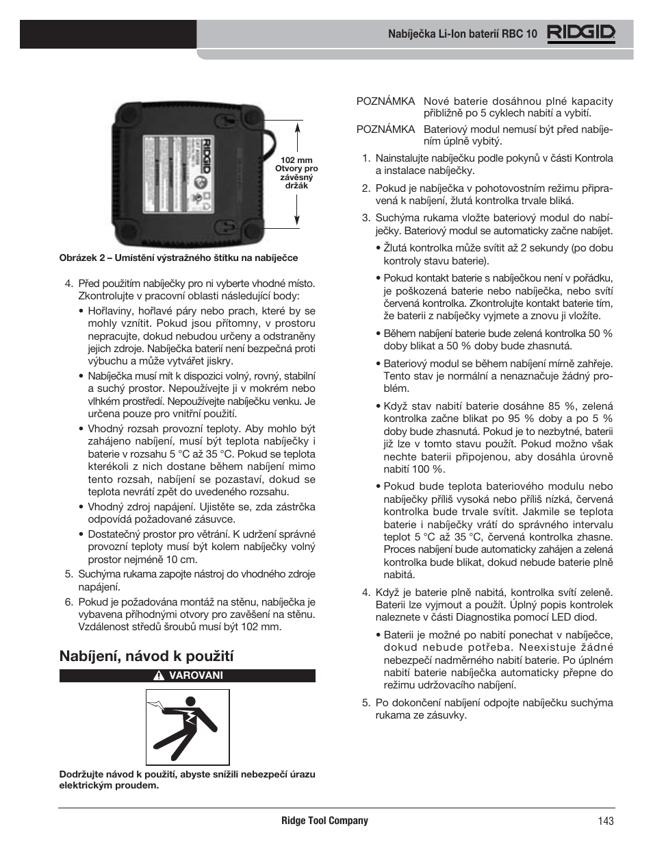 Nabíjení, návod k použití | RIDGID RBC 10 Li-Ion Charger User Manual | Page 145 / 221