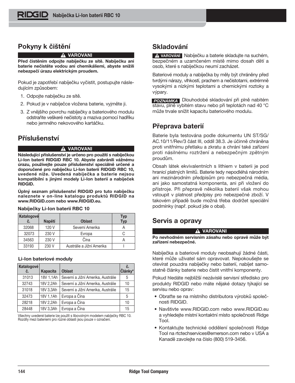 Skladování, Přeprava baterií, Servis a opravy | Pokyny k čištění, Příslušenství | RIDGID RBC 10 Li-Ion Charger User Manual | Page 146 / 221