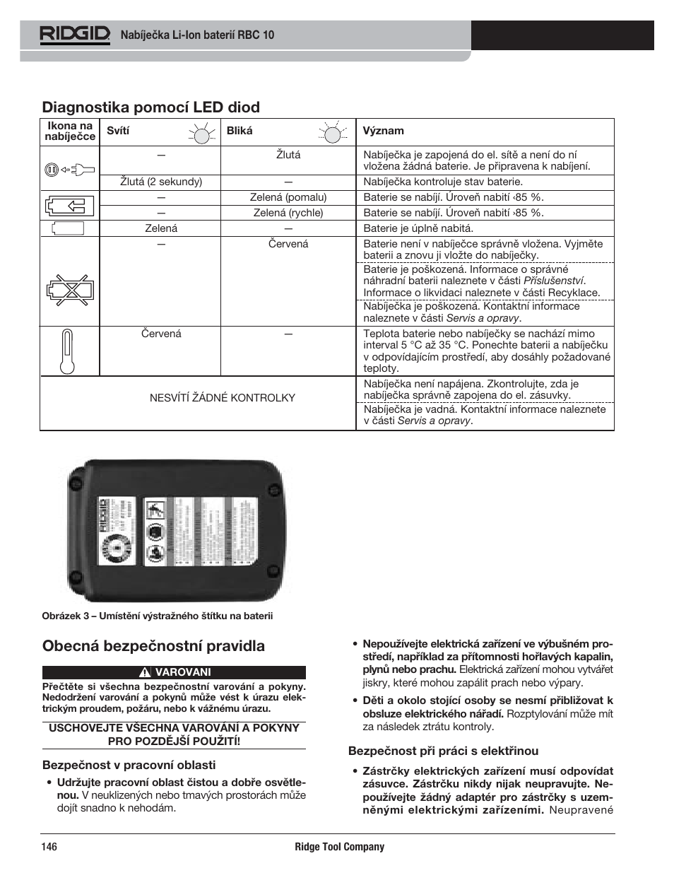 Diagnostika pomocí led diod, Obecná bezpečnostní pravidla | RIDGID RBC 10 Li-Ion Charger User Manual | Page 148 / 221