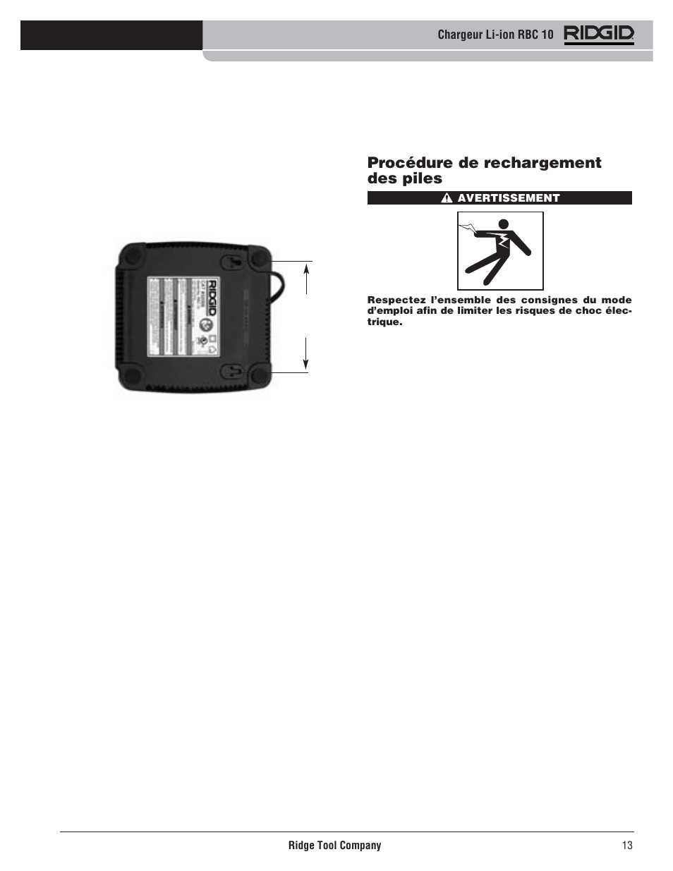 Procédure de rechargement des piles | RIDGID RBC 10 Li-Ion Charger User Manual | Page 15 / 221