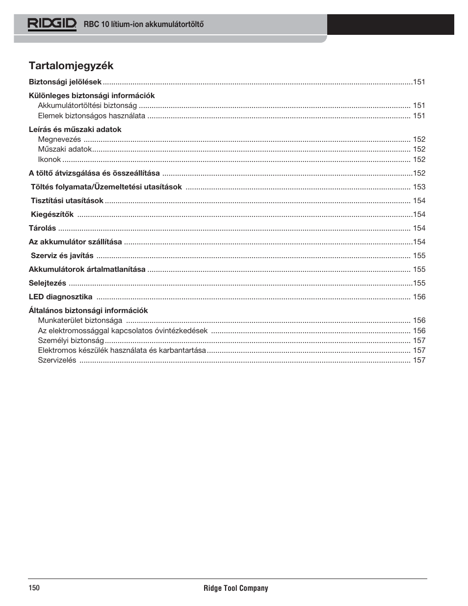 Tartalomjegyzék | RIDGID RBC 10 Li-Ion Charger User Manual | Page 152 / 221