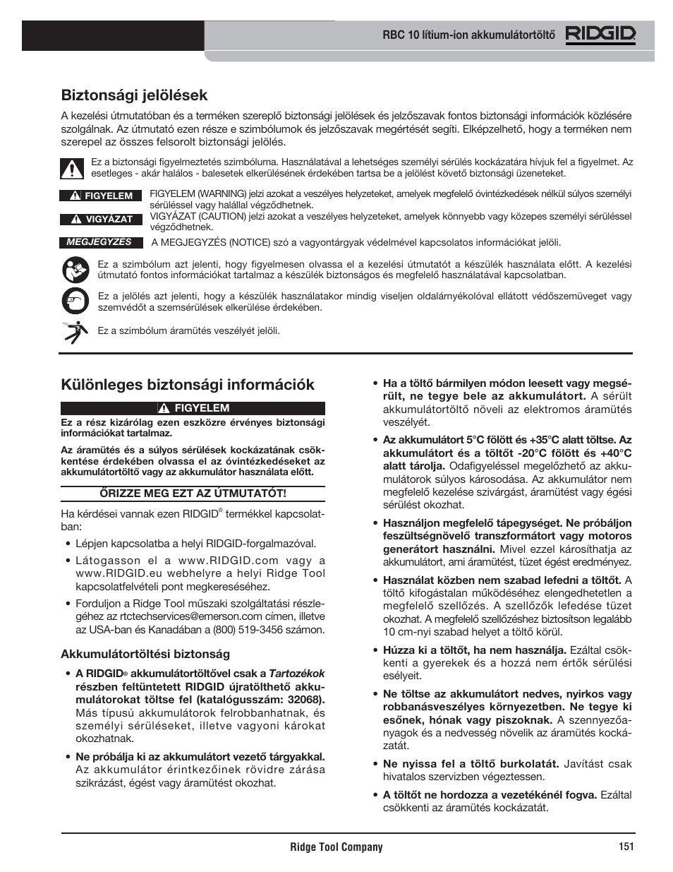 Különleges biztonsági információk, Biztonsági jelölések | RIDGID RBC 10 Li-Ion Charger User Manual | Page 153 / 221