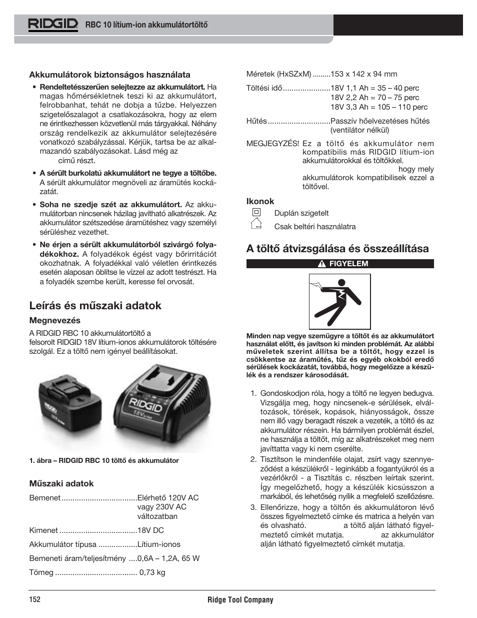 Leírás és műszaki adatok, A töltő átvizsgálása és összeállítása | RIDGID RBC 10 Li-Ion Charger User Manual | Page 154 / 221