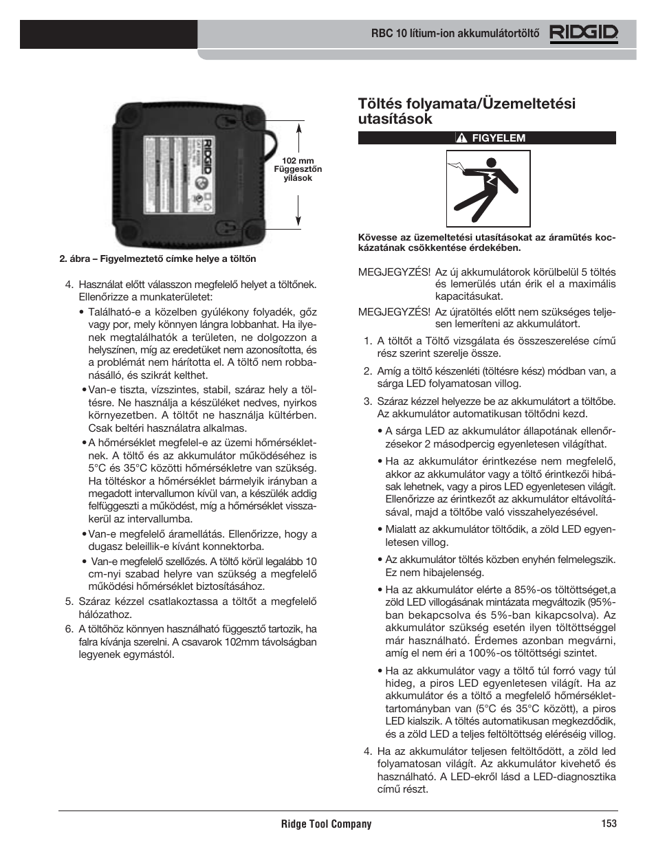 Töltés folyamata/üzemeltetési utasítások | RIDGID RBC 10 Li-Ion Charger User Manual | Page 155 / 221