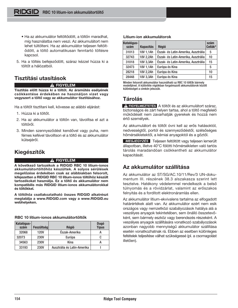 Tárolás, Az akkumulátor szállítása, Tisztítási utasítások | Kiegészítők | RIDGID RBC 10 Li-Ion Charger User Manual | Page 156 / 221