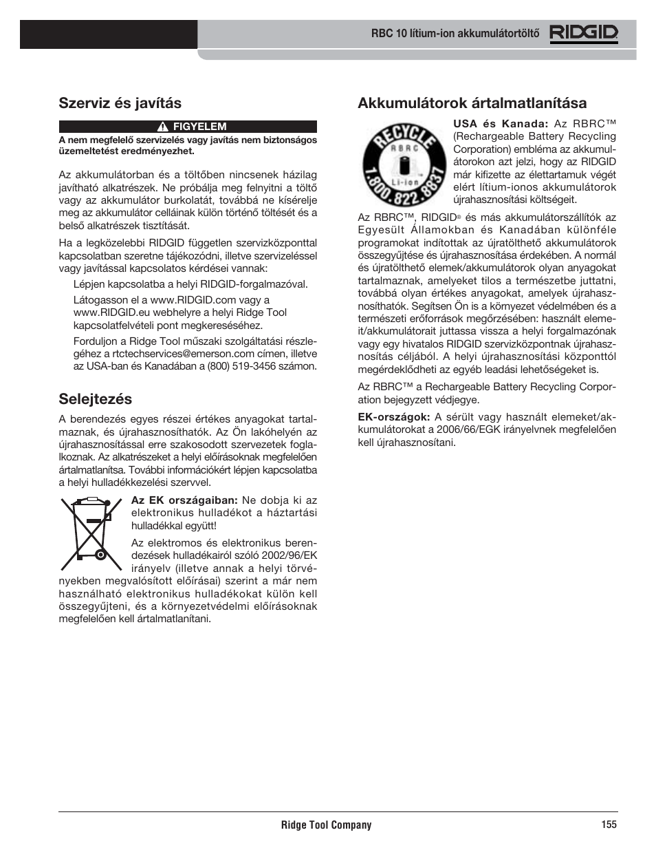 Akkumulátorok ártalmatlanítása, Szerviz és javítás, Selejtezés | RIDGID RBC 10 Li-Ion Charger User Manual | Page 157 / 221