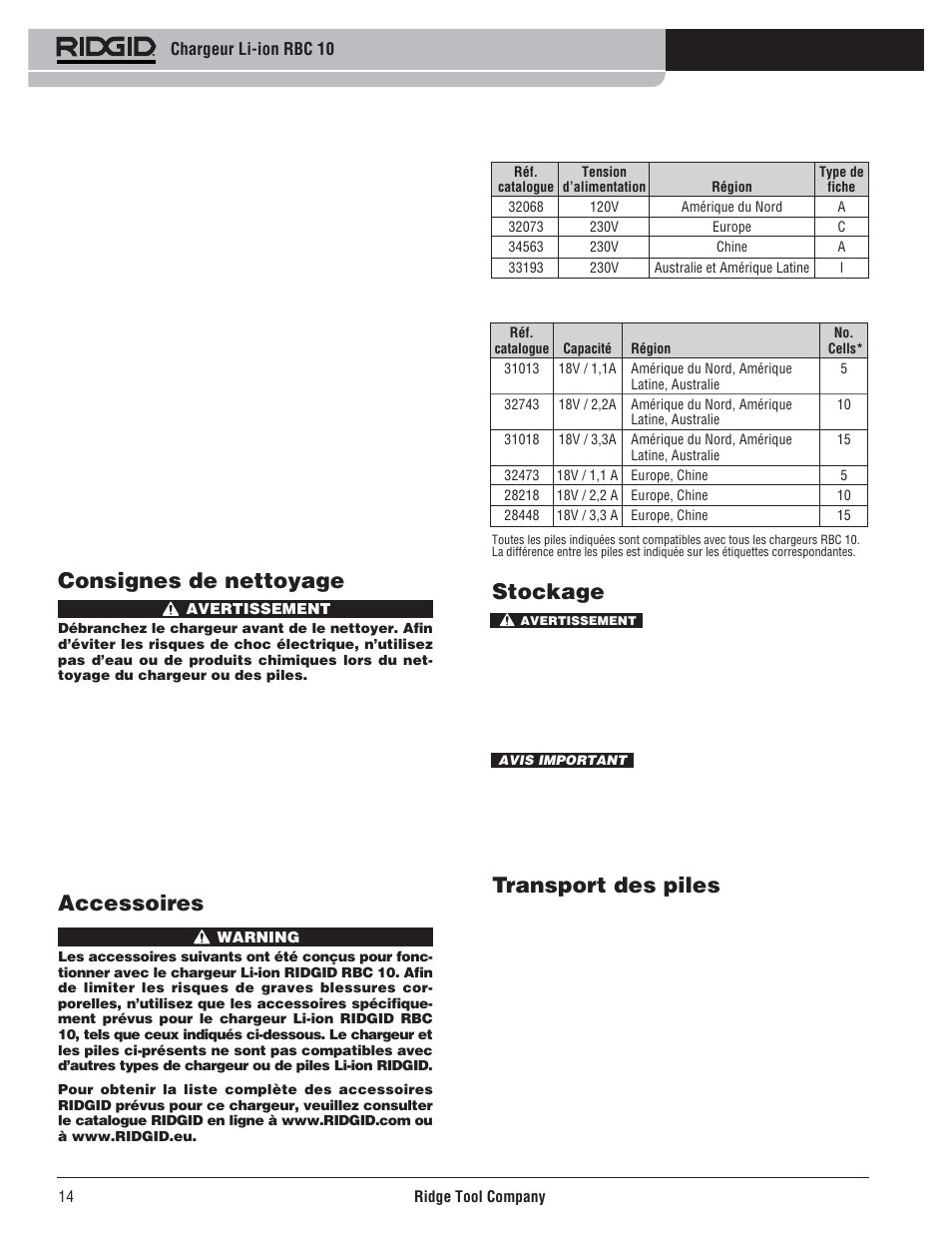 Stockage, Transport des piles, Consignes de nettoyage | Accessoires | RIDGID RBC 10 Li-Ion Charger User Manual | Page 16 / 221