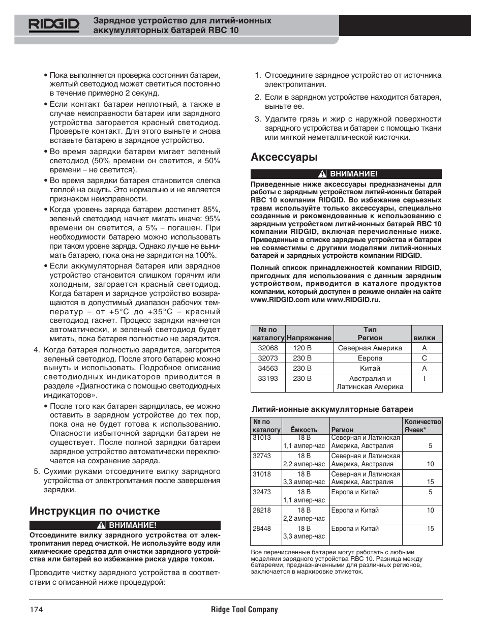 Аксессуары, Инструкция по очистке | RIDGID RBC 10 Li-Ion Charger User Manual | Page 176 / 221