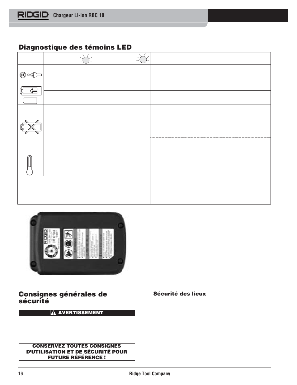 Diagnostique des témoins led, Consignes générales de sécurité | RIDGID RBC 10 Li-Ion Charger User Manual | Page 18 / 221