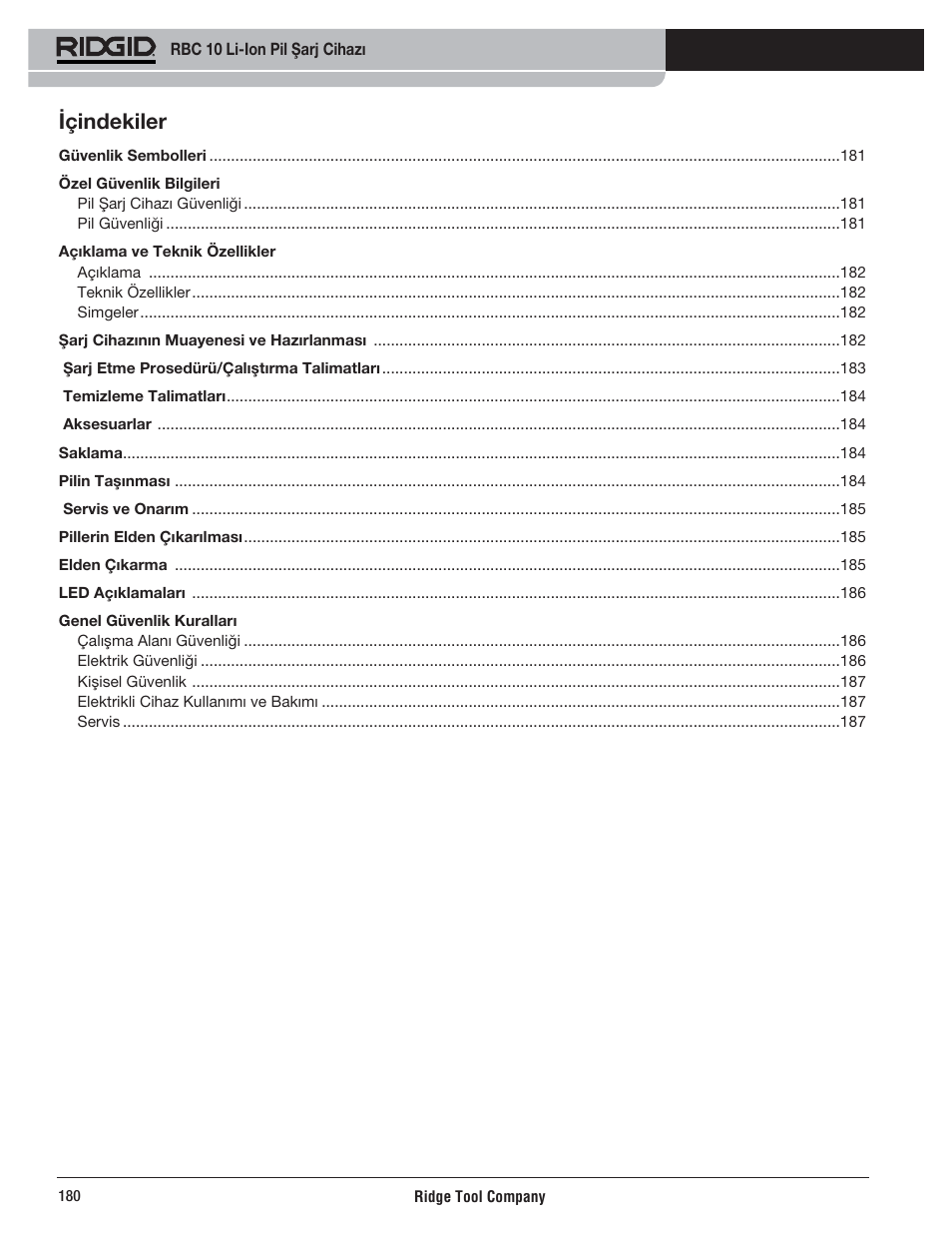 Içindekiler | RIDGID RBC 10 Li-Ion Charger User Manual | Page 182 / 221