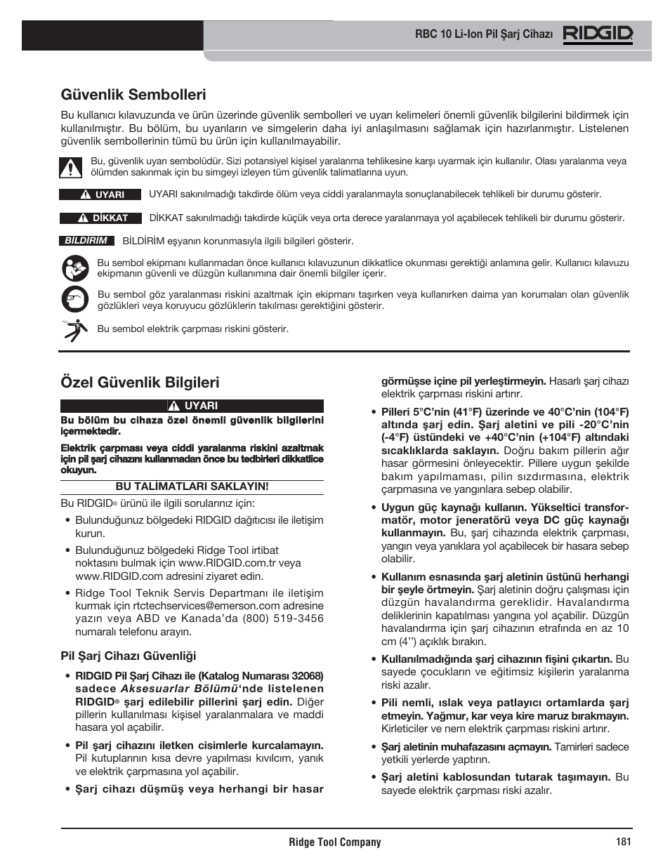 Özel güvenlik bilgileri, Güvenlik sembolleri | RIDGID RBC 10 Li-Ion Charger User Manual | Page 183 / 221