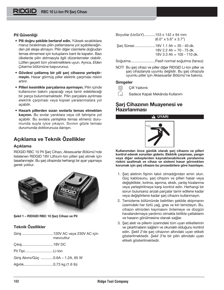 Açıklama ve teknik özellikler, Şarj cihazının muayenesi ve hazırlanması | RIDGID RBC 10 Li-Ion Charger User Manual | Page 184 / 221