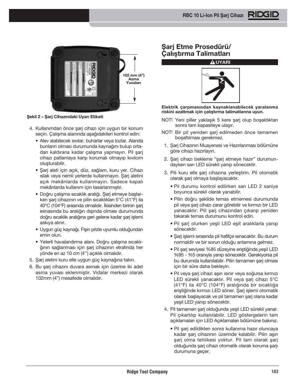 Şarj etme prosedürü/ çalıştırma talimatları | RIDGID RBC 10 Li-Ion Charger User Manual | Page 185 / 221