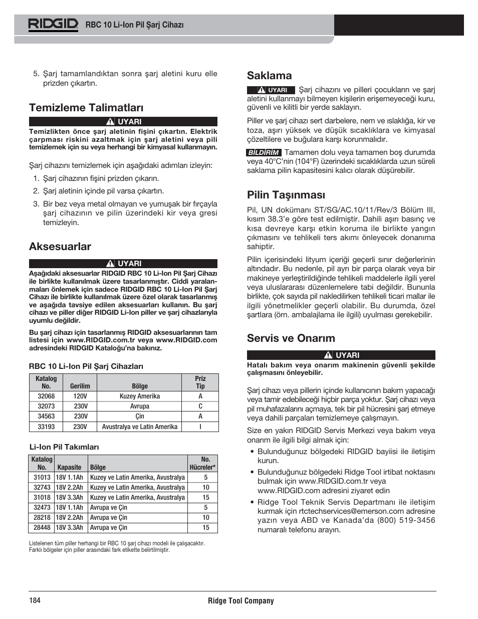 Saklama, Pilin taşınması, Servis ve onarım | Temizleme talimatları, Aksesuarlar | RIDGID RBC 10 Li-Ion Charger User Manual | Page 186 / 221